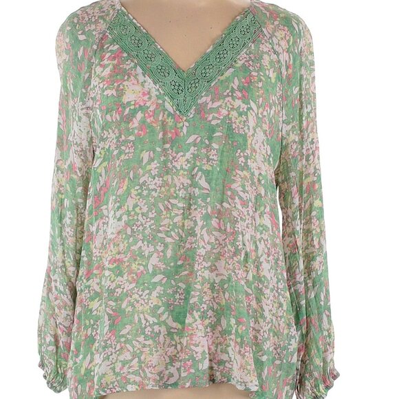 Hope & Harlow Size L Long sleeve Green print blouse v neck embroidered - Picture 1 of 6